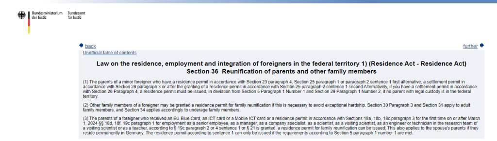Ministry of Justice Website explaining the law to bring your parents to Germany 